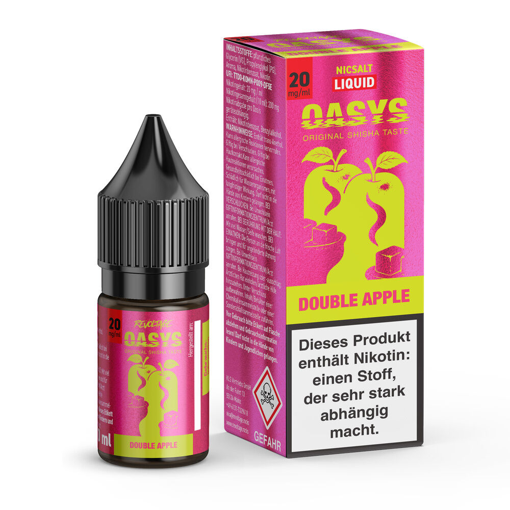Flasche und Verpackung des Revoltage Oasys Hybrid Liquid Double Apple mit pinkem Design, enthält Warnhinweis zu Nikotin 20mg.