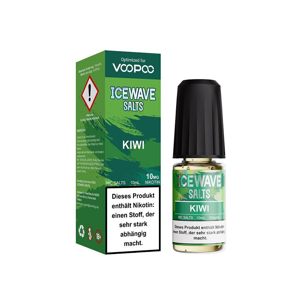 Icewave Nikotinsalz Kiwi 10mg Flasche neben grünem Karton mit Warnhinweis auf Nikotinabhängigkeit.