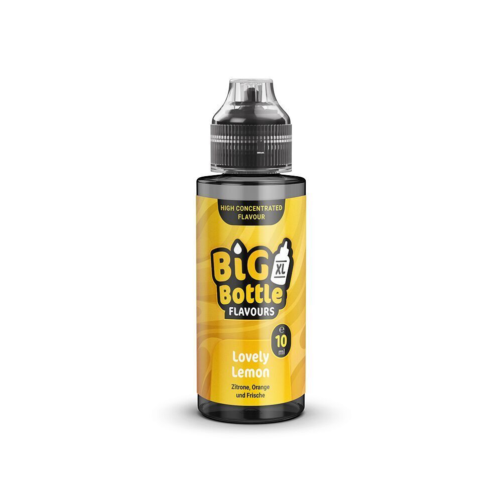 Lovely Lemon - Big Bottle Flavours Flasche Big Bottle Flavours Aroma, Lovely Lemon, 10 ml, gelbes Etikett mit Schriftzug, enthält Zitrone, Orange und Frische.