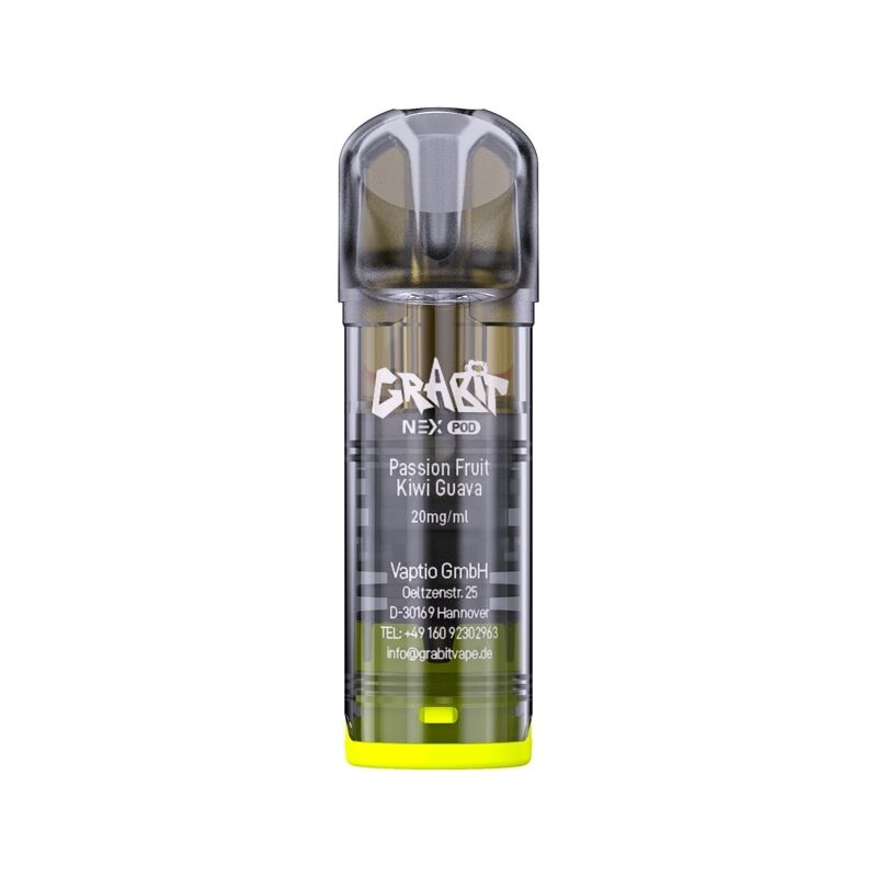 Grabit Nex Pod mit der Geschmacksrichtung Passion Fruit Kiwi Guava, enthält 20mg/ml Nikotin, transparentes Design mit schwarz-gelbem Akzent.