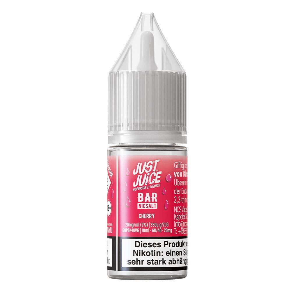 Liquid Cherry 20mg - Just Juice Just Juice Nikotinsalz Cherry 20mg, Flasche mit weißem Deckel, rosa Etikett mit Sicherheits- und Markenhinweisen.