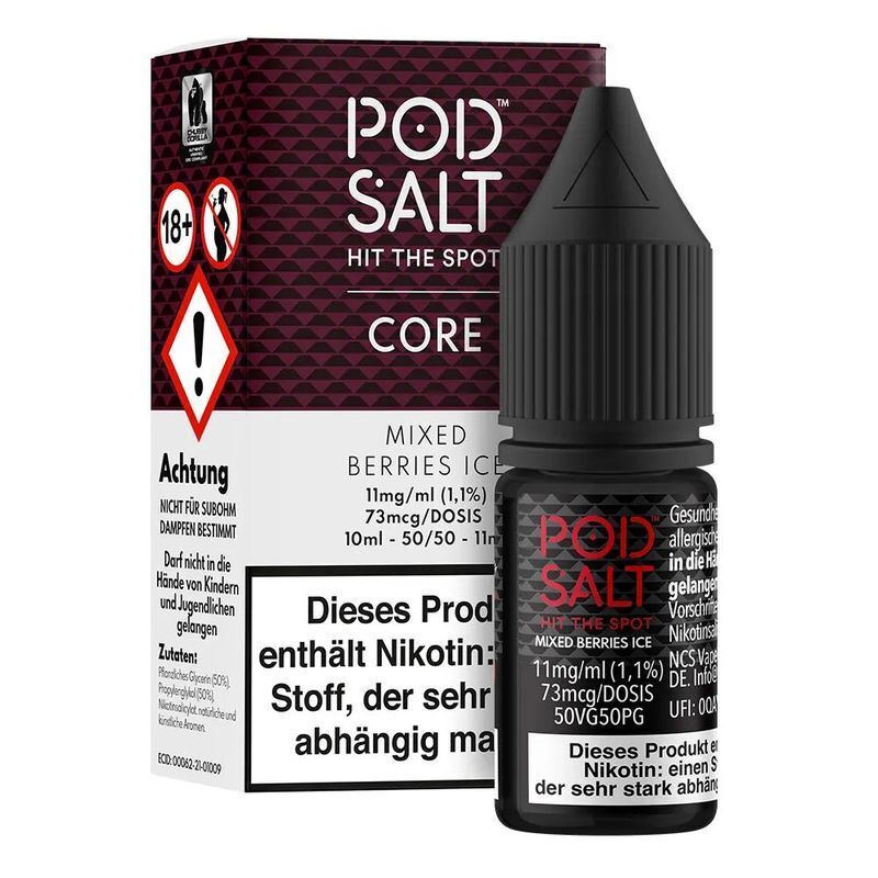 Liquid Mixed Berries Ice von Pod Salt Core Pod Salt Core Nikotinsalz Mixed Berries Ice 11mg E-Liquid mit Warnhinweisen und Inhaltsangaben auf der Verpackung und Flasche