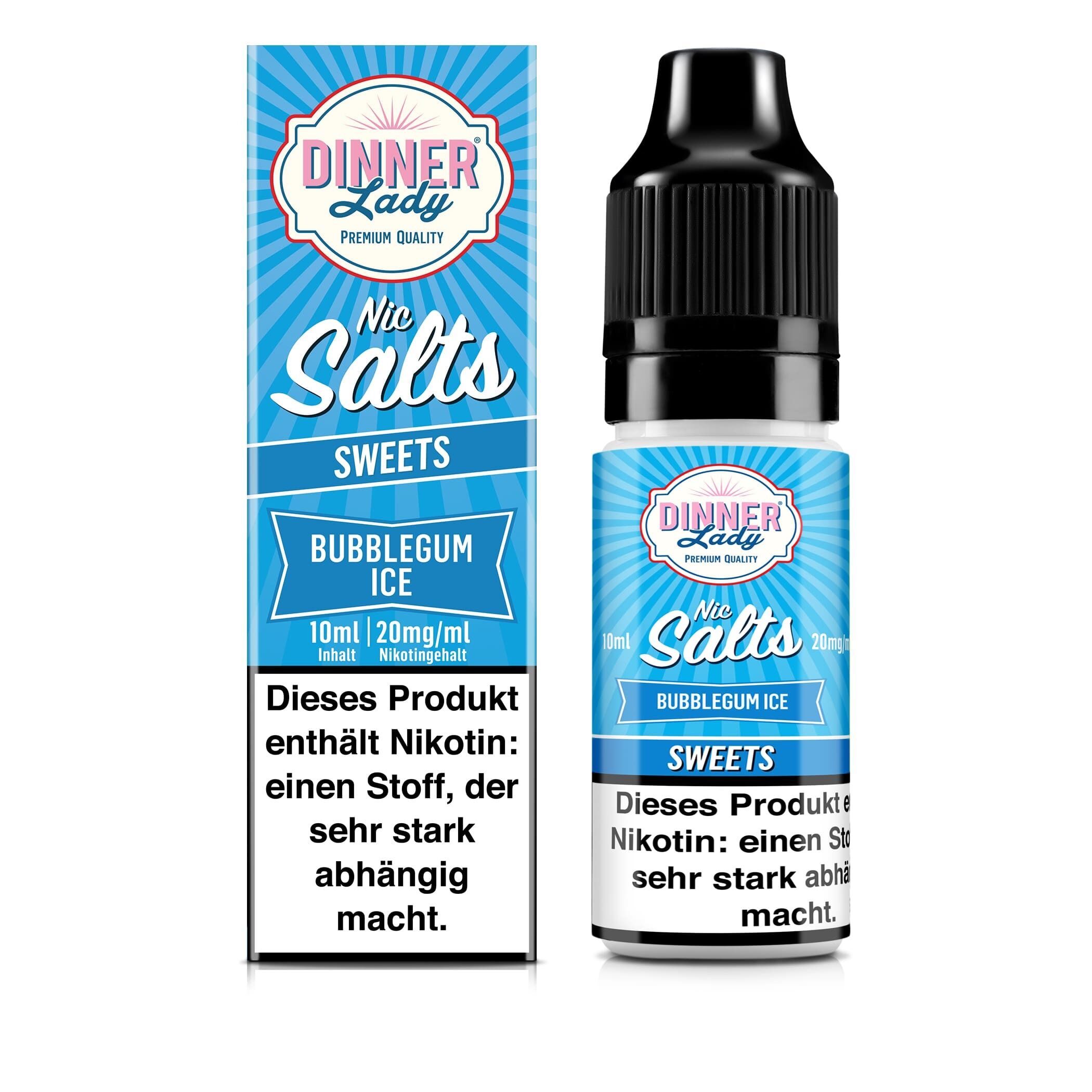 Liquid Bubblegum Ice von Dinner Lady Dinner Lady Nikotinsalz Flasche und Verpackung in blau mit Bubblegum Ice Geschmacksrichtung, enthält 20mg/ml Nikotin, Warnhinweis vorhanden