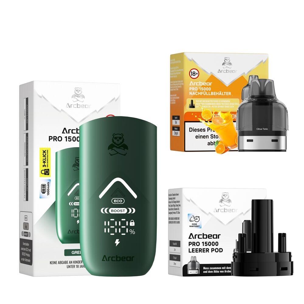 Arcbear Pro 15000 Set mit grünem Gerät, Ladezustandsanzeige, Citrus Tonic Nachfüllbehälter und leerem Pod, Verpackungen im Hintergrund