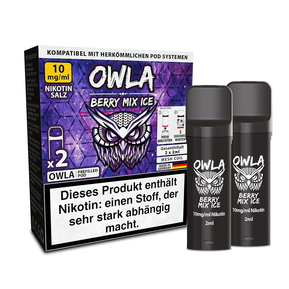 Owla Pods Berry Mix Ice 10mg Nikotinsalz, zwei schwarze Pods mit Eulenmotiv vor Verpackung, enthält Nikotin, stark abhängig machend