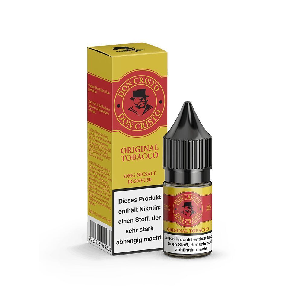 Liquid Original 20mg - Don Cristo Don Cristo Original Tobacco Nikotinsalzflasche und Verpackung mit rotem Logo, Text "20MG NICSALT" und Warnhinweis auf Nikotinkonsum.
