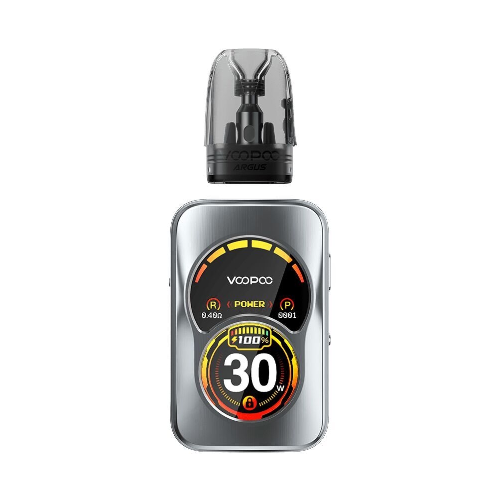 Voopoo Argus A Pod Kit in Silber mit digitalem Display, zeigt Leistung von 30 Watt, Batteriestatus und Widerstandswerte an