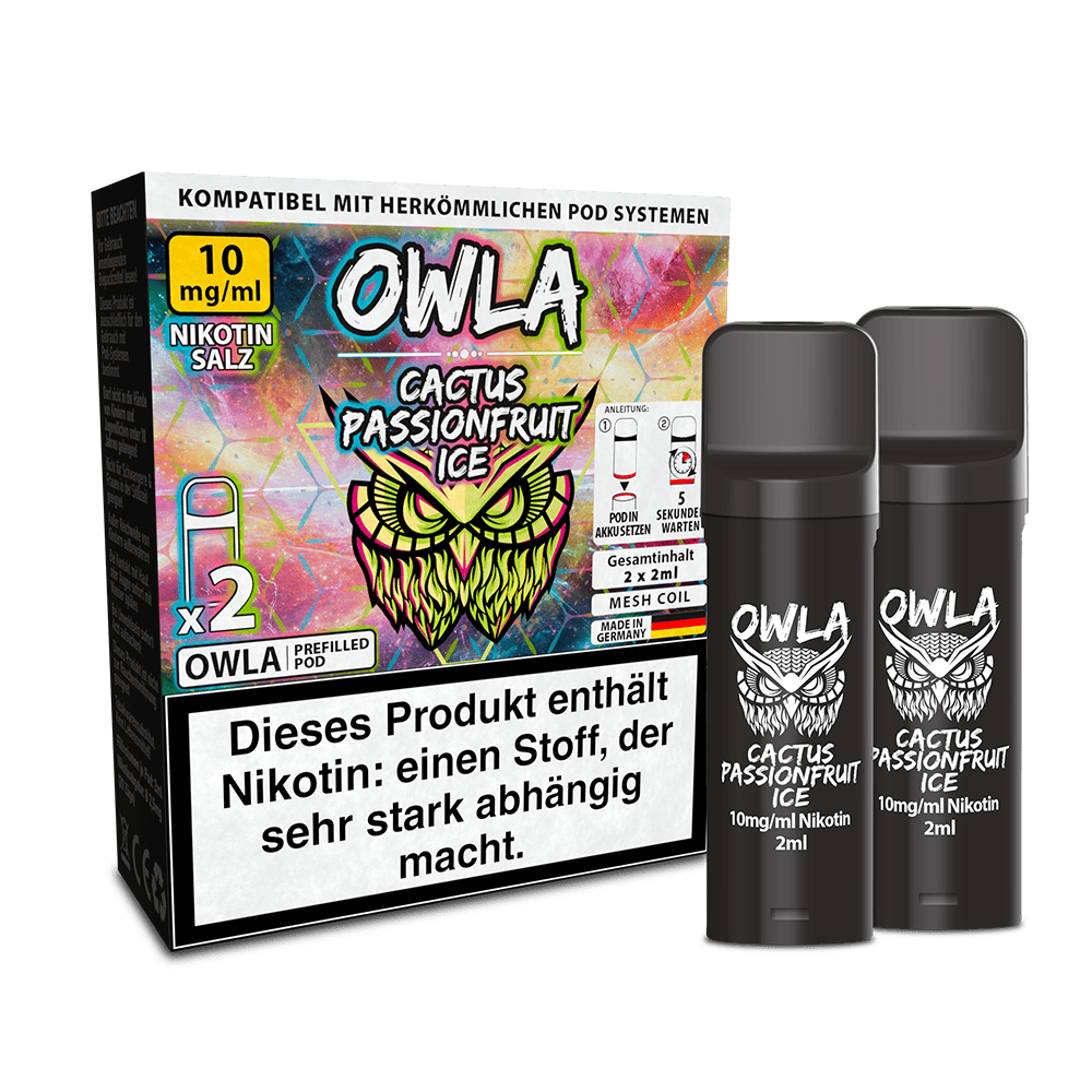 Owla Pods Cactus Passionfruit Ice 10mg, zwei schwarze Pods neben bunter Verpackung mit gelb-grüner Eule, Hinweis auf Nikotinwarnung