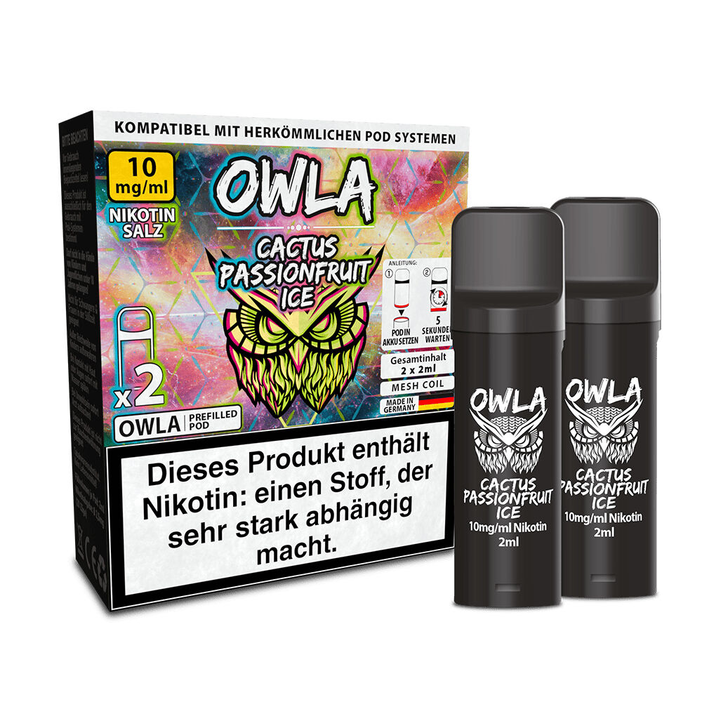 Owla Pods - Cactus Passionfruit Ice 10mg Owla Pods Cactus Passionfruit Ice 10mg, zwei schwarze Pods neben bunter Verpackung mit gelb-grüner Eule, Hinweis auf Nikotinwarnung