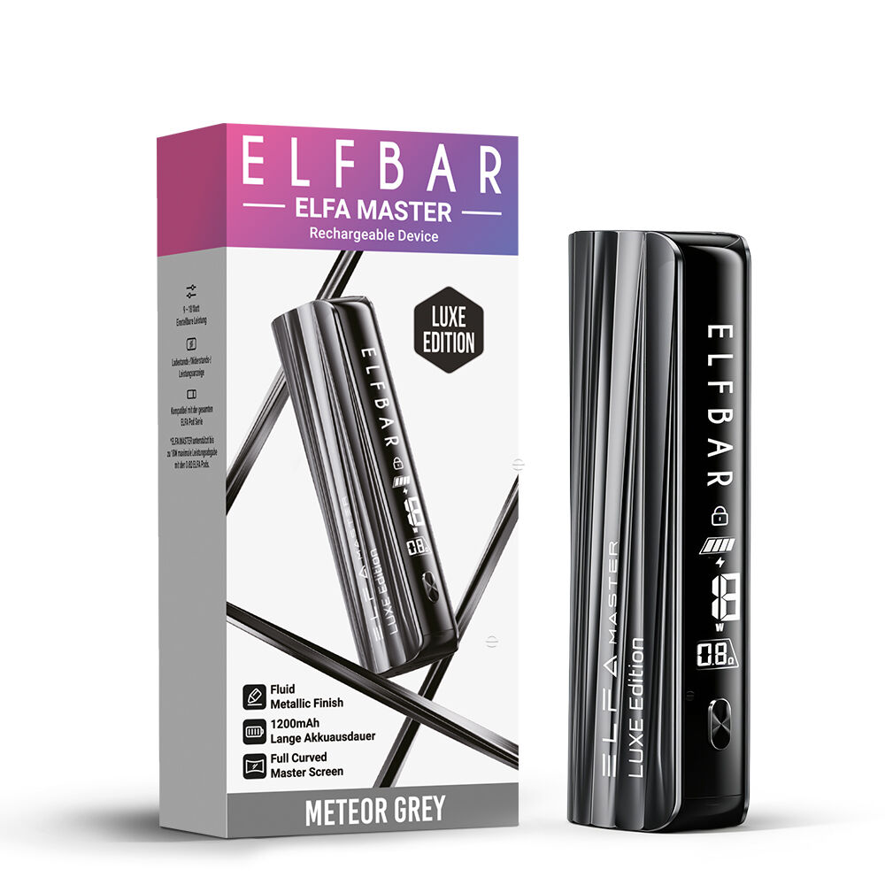 ELFBAR-ELFA-Master-Luxe-Edition-Meteor-Grey Elfbar Elfa Master Luxe Edition in Meteor Grey mit metallic Finish und 1200mAh Akkukapazität, abgebildet vor der Produktverpackung