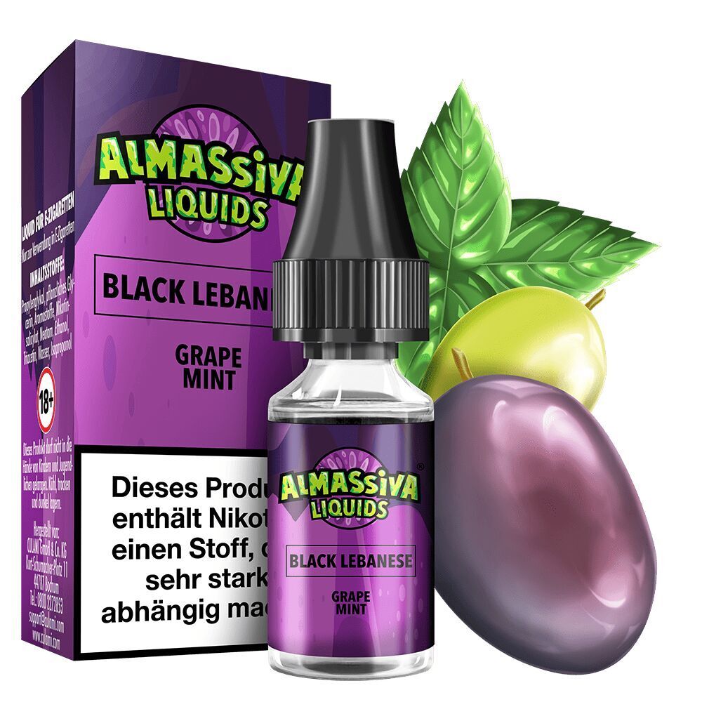 Liquid Black Libanese von Al Massiva Al Massiva Nikotinsalz Black Libanese 17mg mit Trauben- und Minzgeschmack, in lila Verpackung, mit Abbildung von Trauben und Blättern.