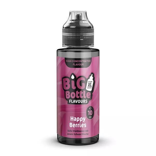 Aroma Happy Berries von Big Bottle Flavours Big Bottle Flavours Aroma Happy Berries in 10 ml Flasche, rosa Etikett mit Aufschrift "Süße Waldbeeren mit einem Schuss Frische"