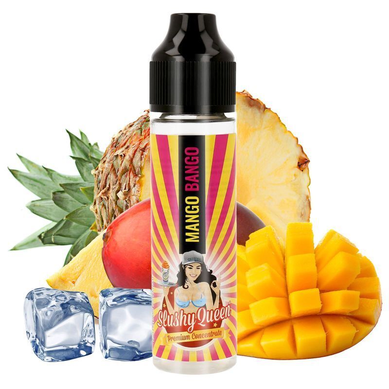 Aroma Mango Bango von PJ Empire Flasche PJ Empire Aroma Mango Bango vor einer Anordnung von Ananas, Mangostücken, Eiswürfeln und einem Pfirsich.