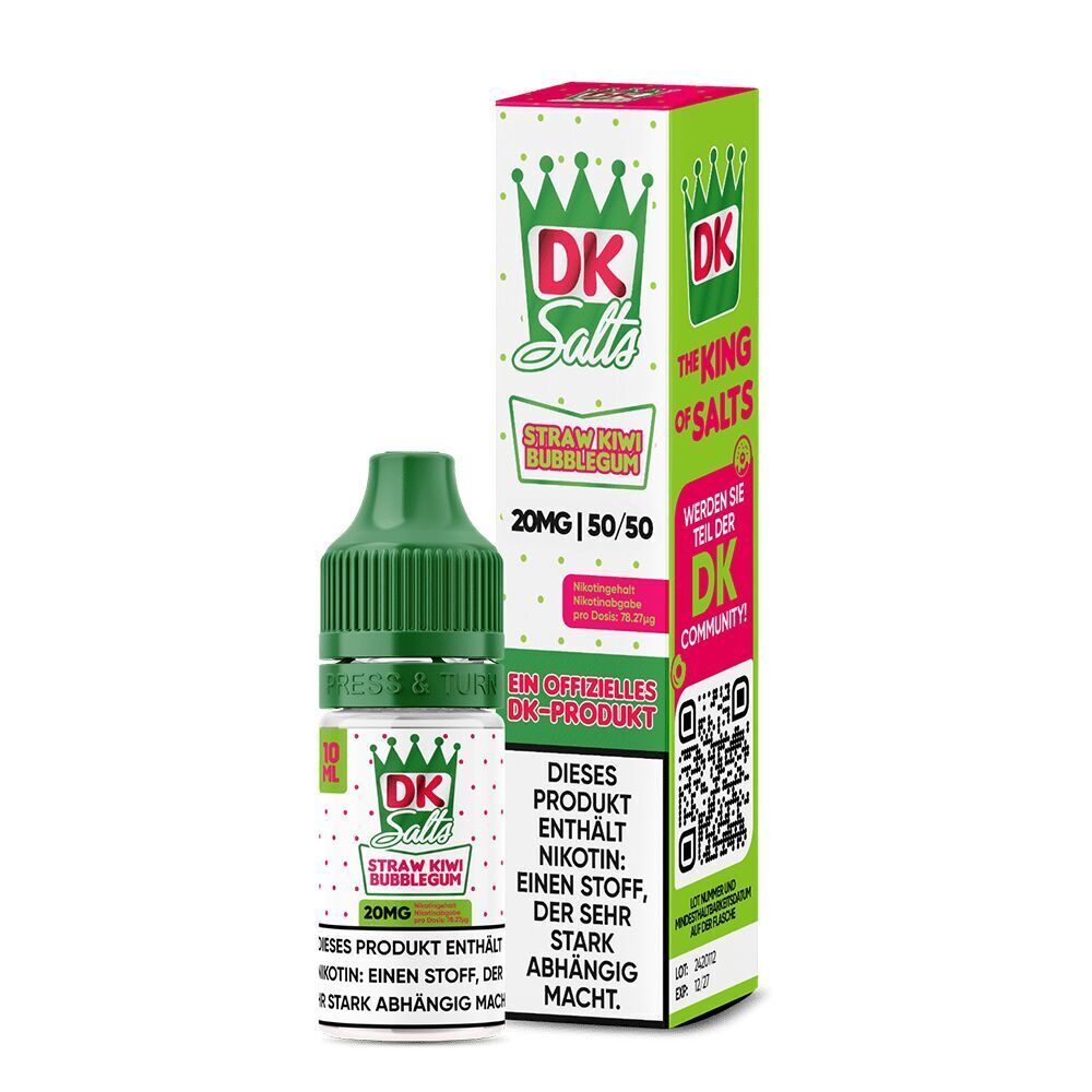 Liquid Straw Kiwi Bubblegum 20mg - DK Salts DK Salts Nikotinsalz mit 20mg im Geschmack Straw Kiwi Bubblegum, grüne Flasche neben passender Verpackung mit Branding und Warnhinweisen
