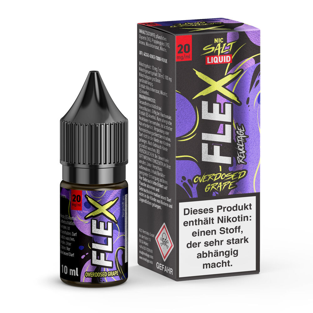 Flasche und Verpackung von Revoltage Flex Nikotinsalz Liquid, Geschmack Grape, Warnhinweis über Nikotinsuchtpotenzial, 20 mg/ml.