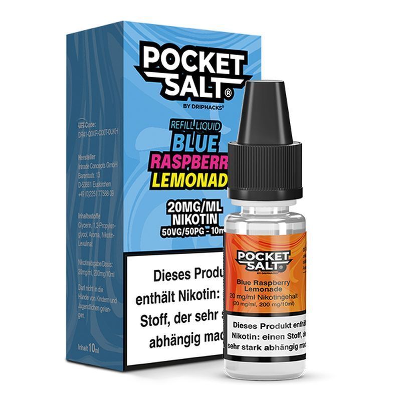 Flasche und Verpackung von Pocket Salt Blue Raspberry Lemonade Nikotinsalz, 20mg/ml, mit Warnhinweis auf Nikotingehalt.