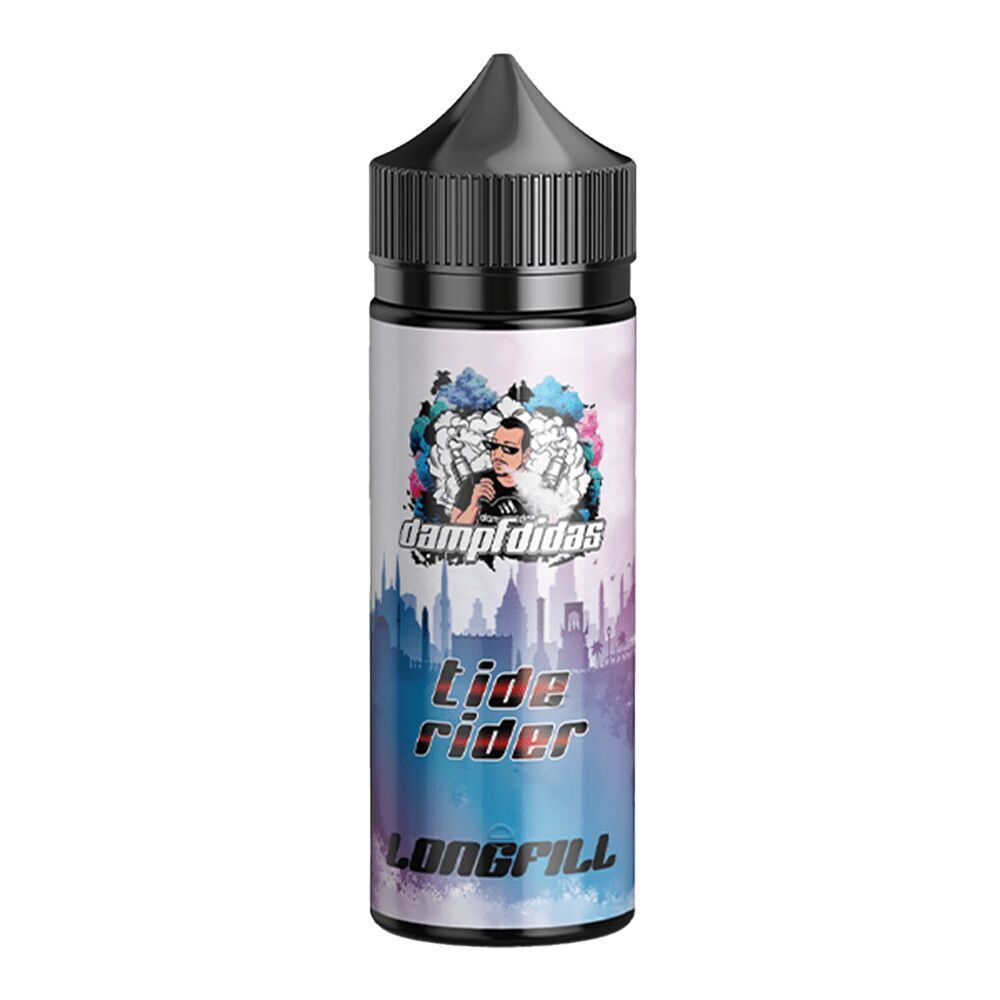 E-Liquid-Flasche Dampfdidas Aroma Tide Rider mit weißem Etikett, blau-lila Skyline-Motiv und "Longfill" Schriftzug.