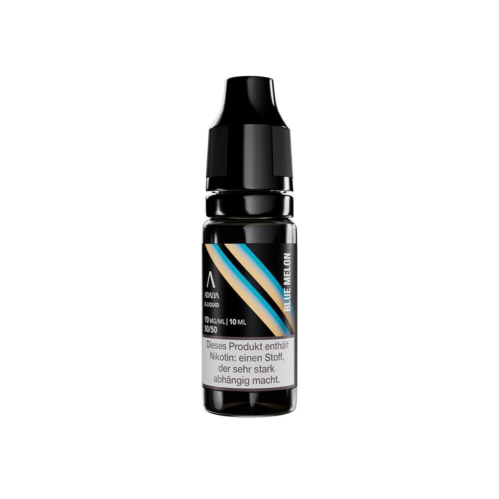 Liquid Blue Melon 10mg - Adalya Nikotinsalz Adalya E-Liquid Flasche, Black Cap, Blue Melon, enthält Nikotin 10 mg/ml, Warnhinweis über Abhängigkeit, 10 ml Inhalt sichtbar.