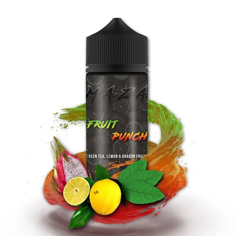 Aroma Fruit Punch von MaZa Flasche MaZa Aroma - Fruit Punch mit illustriertem Hintergrund aus Drachenfrucht, Zitrus und grünen Teeblättern, lebendige Farben.