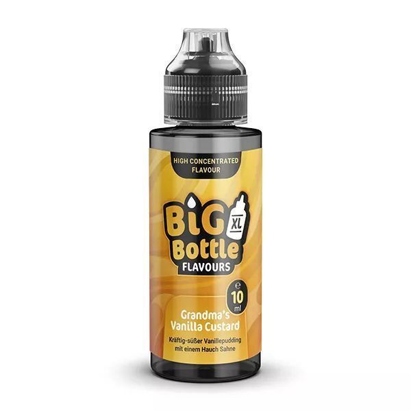 Aroma Grandmas Vanilla Custard von Big Bottle Flavours Big Bottle Flavours Aroma Grandma's Vanilla Custard Flasche, gelbes Etikett, 10 ml, schwarzer Verschluss, aromatischer Vanillepudding.