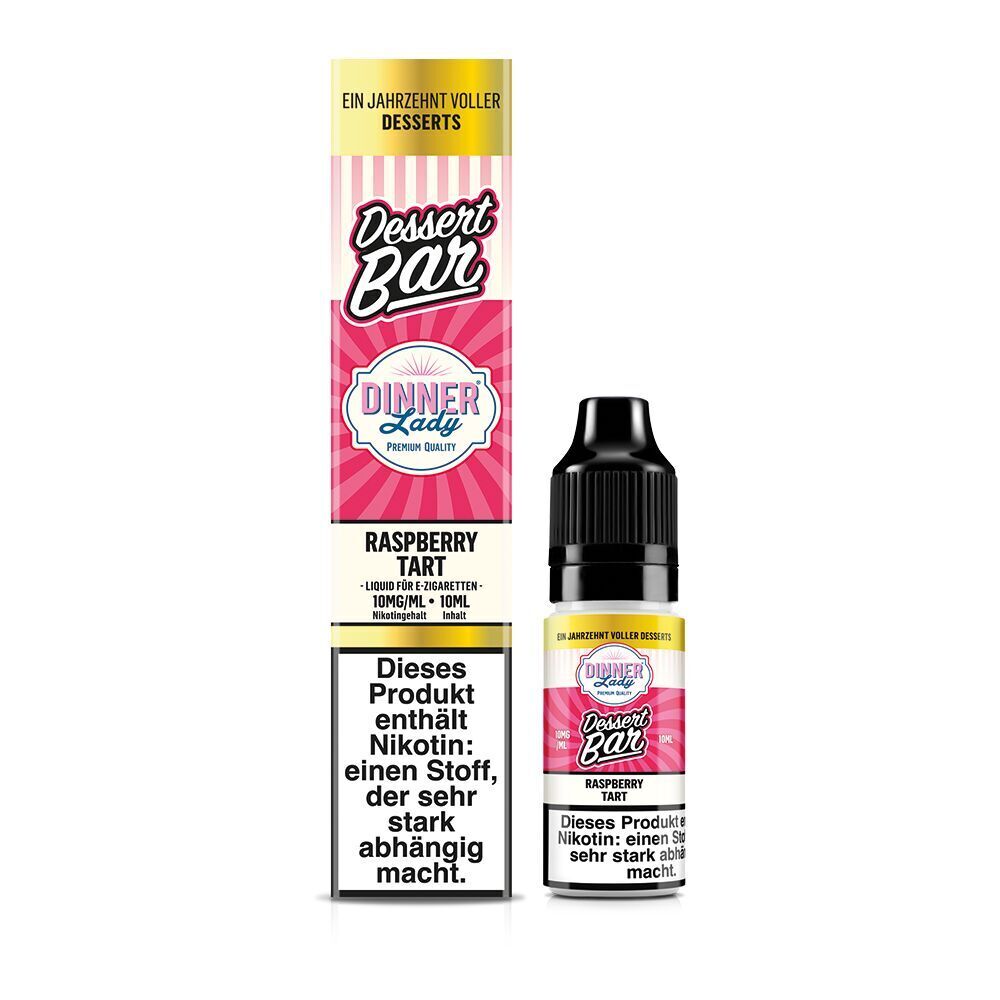 Liquid Raspberry Tart 10mg - Dinner Lady Nikotinsalz Dinner Lady Dessert Bar Nikotinsalz Raspberry Tart 10mg Flasche neben Verpackung mit Hinweis auf Nikotininhalt und Suchtgefahr