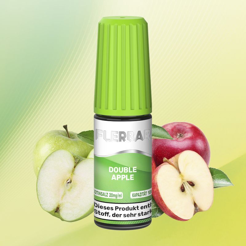 Liquid Double Apple von Flerbar Flerbar Nikotinsalz Double Apple 20mg Flasche mit grünen und roten Äpfeln und einem grünen Verschluss vor grünlichem Hintergrund
