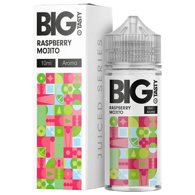 Aroma Raspberry Moijto von Big Tasty Big Tasty Raspberry Mojito Aroma, 10ml Flasche und Verpackung mit buntem geometrischem Muster und Branding.
