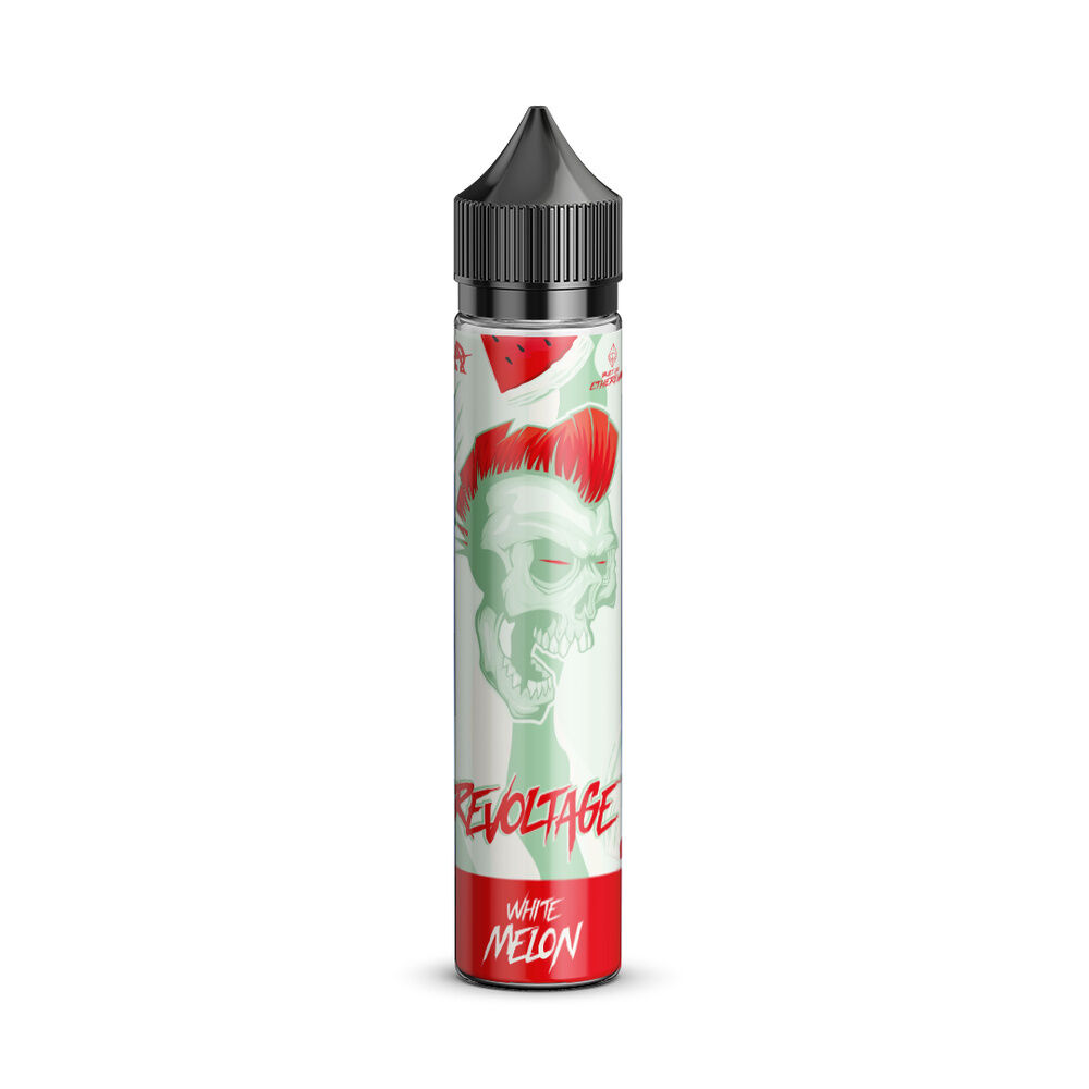E-Liquid-Flasche Revoltage White Melon mit Schädelmotiv, rotem Haar auf dem Etikett und schwarzer Verschlusskappe
