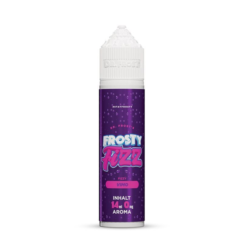 Aroma Vimo von Dr. Frost Dr. Frost Aroma Vimo in einer violetten Flasche mit blauer und rosa Schrift, 14 ml, 0 mg, mit prickelndem Design und Markenlogo.