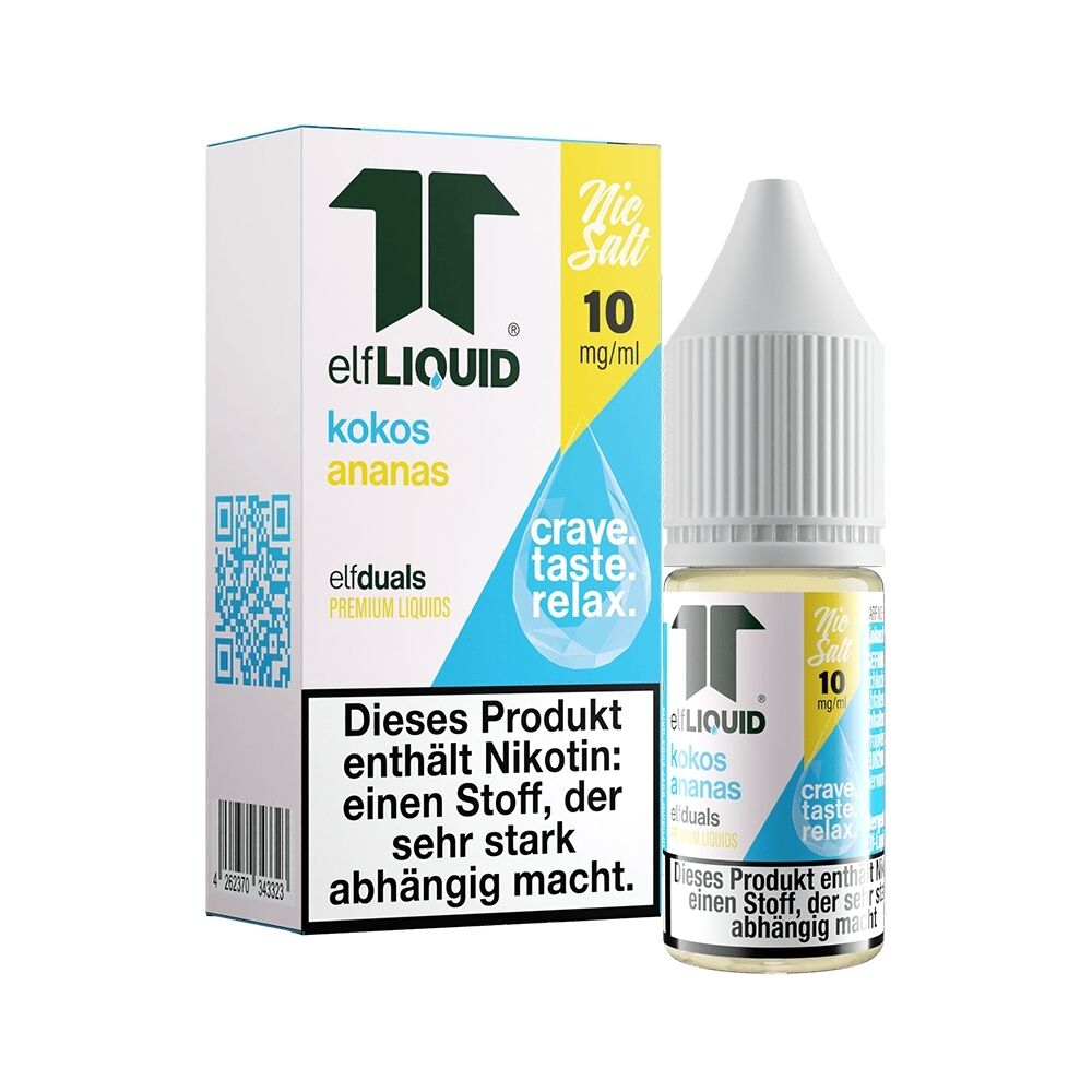 Elf Liquid Nikotinsalz - Kokos Ananas 10mg Elf Liquid Nikotinsalz Kokos Ananas 10mg Flasche und Verpackung, mit blau-gelbem Design und Warnhinweis zur Nikotingefahr.