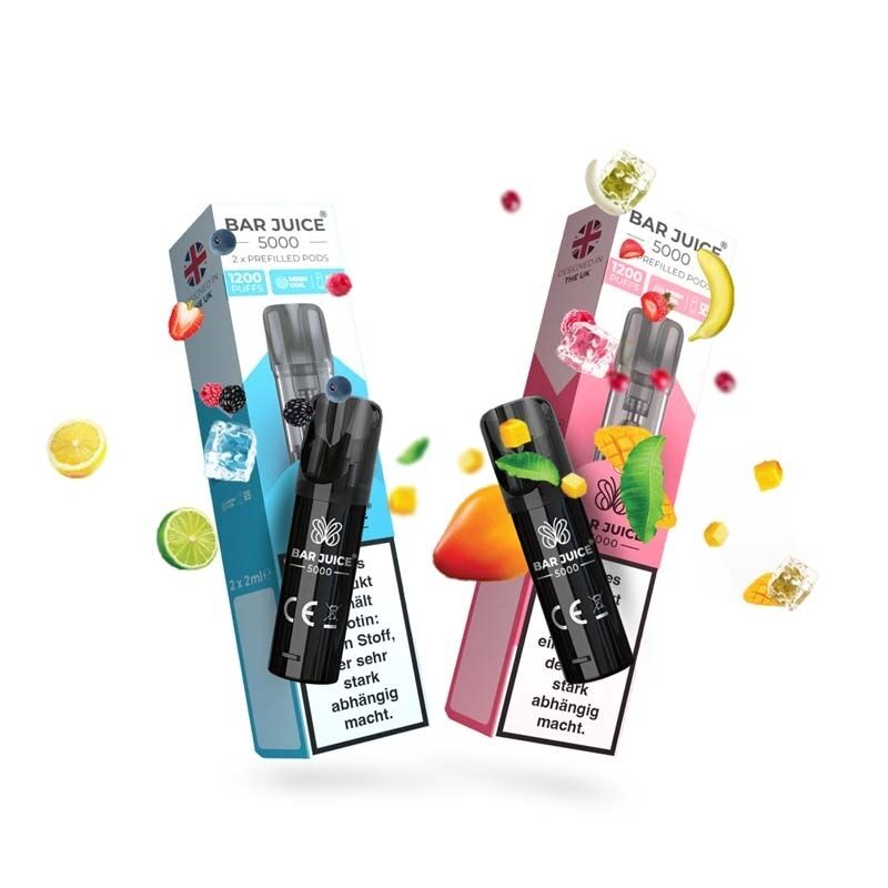 Bar Juice 5000 Pods - alle Sorten - mit Nikotin Bar Juice 5000 Pods Verpackungen in Blau und Rosa mit schwarzen Pods, umgeben von Früchten und Eiswürfeln, 20mg Nikotinsalz.