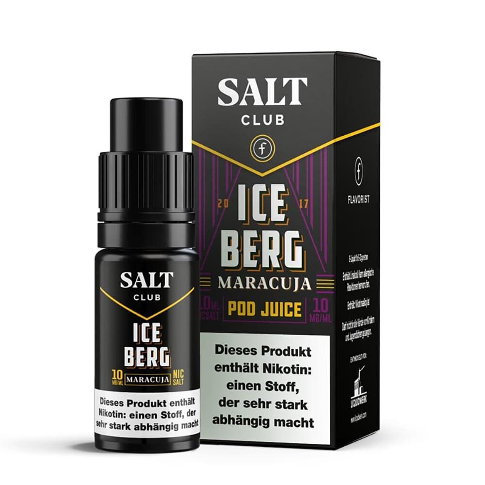 Liquid Iceberg Maracuja von Flavorist Salt Club Flavorist Salt Club Nikotinsalz Iceberg Maracuja 20mg Flasche und Verpackung, Hinweis auf Nikotinabhängigkeit.