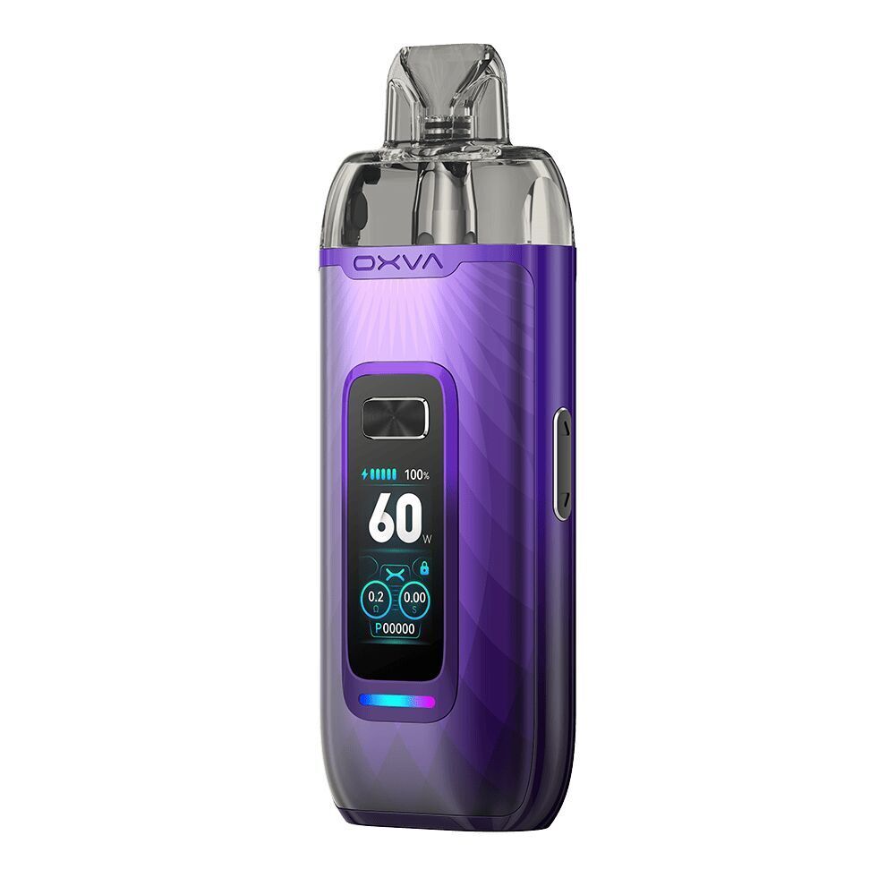 Oxva Vprime Pod Kit in der Farbe Auroral Purple Oxva Vprime Pod Kit in Auroral Purple mit digitalem Display, zeigt 60W Leistung, Batteriestatus und andere technische Details an.