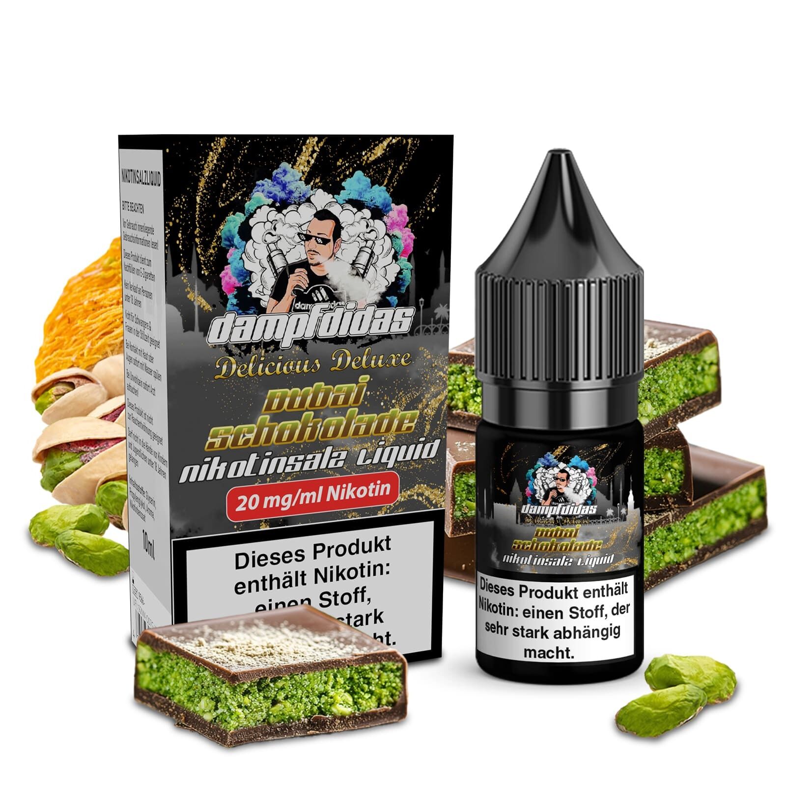 Liquid Dubai Schokolade 20mg - Dampfdidas Dampfdidas Nikotinsalz Dubai Schokolade mit 20 mg/ml, Verpackung und Flasche vor grüner Schokolade, Warnhinweis auf Schachtel sichtbar