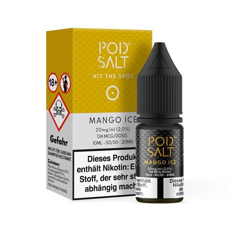 Liquid Mango Ice mit 20mg Nikotin von Pod Salt Core Pod Salt Core Nikotinsalz Mango Ice 20mg, gelbe Verpackung mit Warnhinweisen, schwarze Flasche mit weißem Etikett, geeignet ab 18 Jahren.