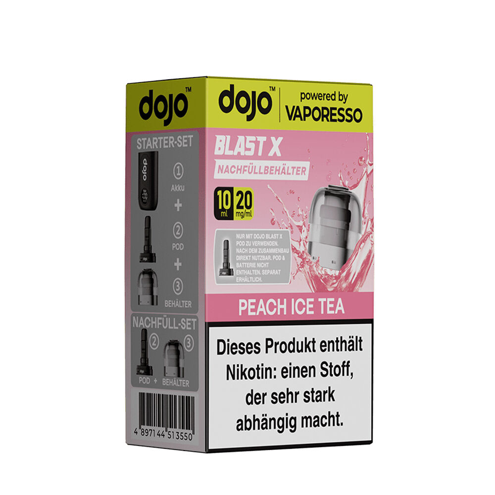 Vaporesso Dojo Blast X Pods - 20mg Nikotinsalz Vaporesso Dojo Blast X Pods Peach Ice Tea 20mg Verpackung, enthält Nachfüllbehälter und Warnhinweis: Nikotin ist stark abhängig machend