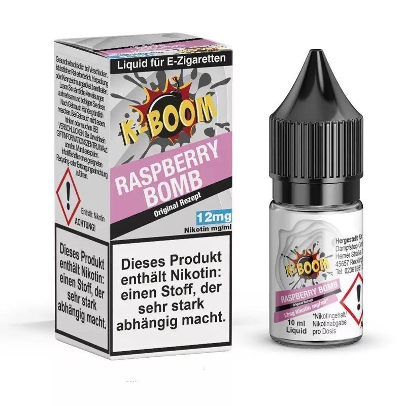 Liquid Raspberry Bomb - K-Boom 3mg K-Boom Liquid Raspberry Bomb Flasche und Verpackung mit Warnhinweis über starkes Nikotin, Aufschrift 12mg Nikotin pro ml.