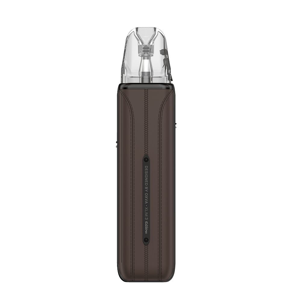 Oxva Xlim 3 Ultra Pod Kit in Mocha Brown mit transparentem Mundstück und geschwungenen Designelementen, einschließlich des Schriftzugs "Designed by Oxva".