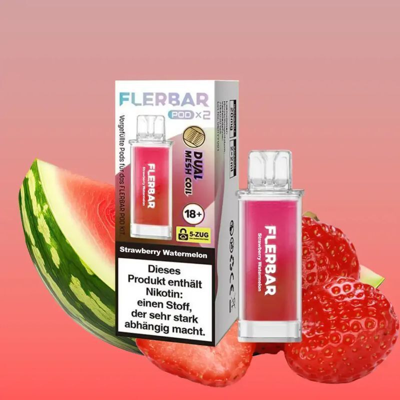 Strawberry Watermelon 20mg - Flerbar Pods Flerbar Pods Strawberry Watermelon, 20mg Nikotin, vor hellrotem Hintergrund mit Abbildung von Erdbeere und Wassermelone.
