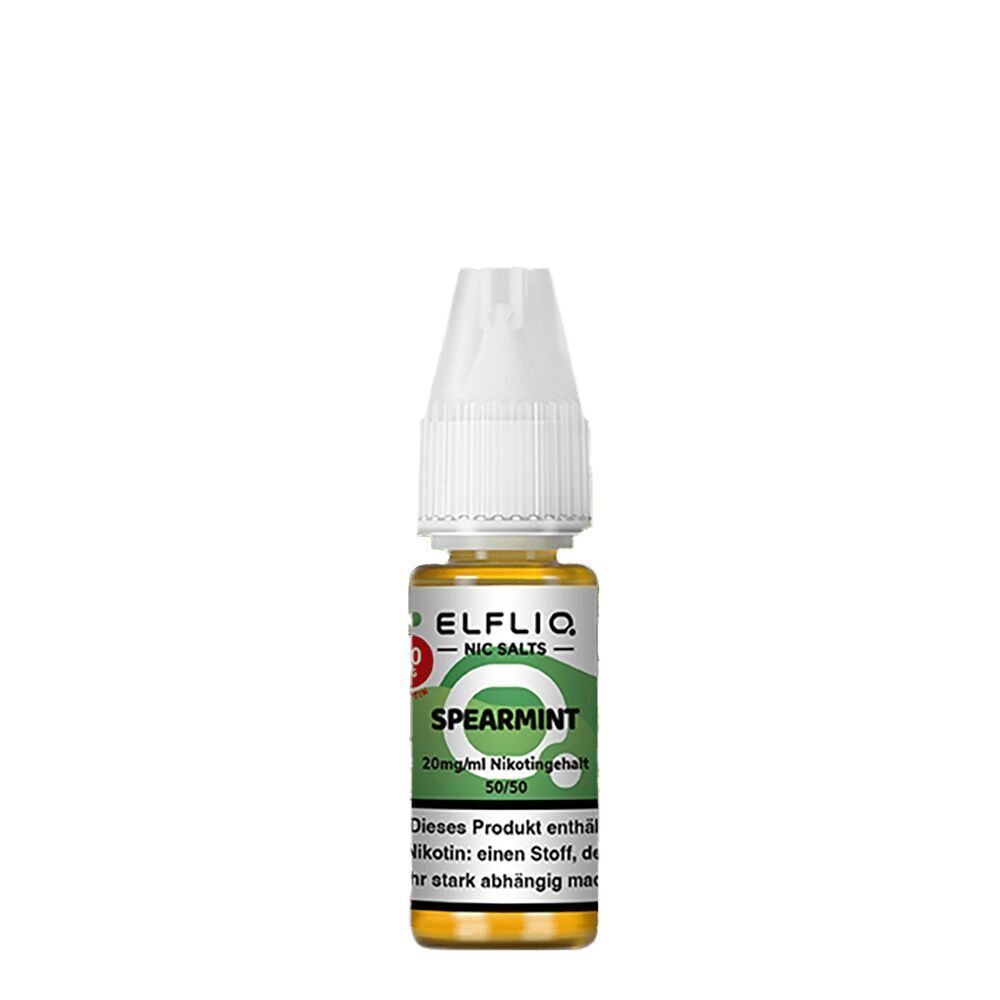 Elfliq Nikotinsalz - Spearmint 20mg Elfliq Nikotinsalz Spearmint 20mg Flasche mit grünem Etikett, 50/50 Mischverhältnis, weißer Verschluss, Warnhinweis zur Nikotinabhängigkeit