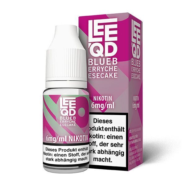 Liquid Crazy Blueberry Cheesecake 6mg - Leeqd Flasche und Verpackung von Leeqd Liquid Crazy Blueberry Cheesecake, 6mg Nikotin, mit Warnhinweis über Abhängigkeitspotential