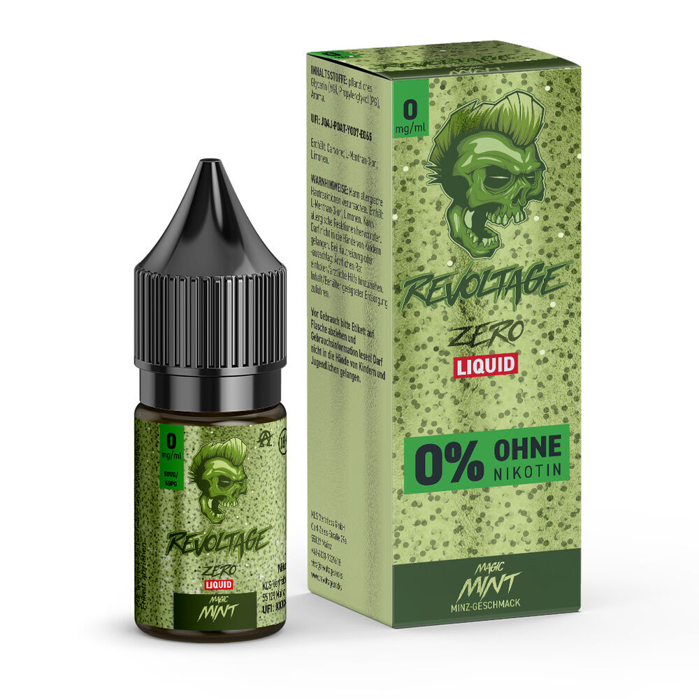 Revoltage Hybrid Liquid - Magic Mint Flasche und Verpackung von Revoltage Hybrid Liquid Magic Mint 0mg, grün-schwarzes Design mit Totenkopf, 0% Nikotin im Vordergrund.