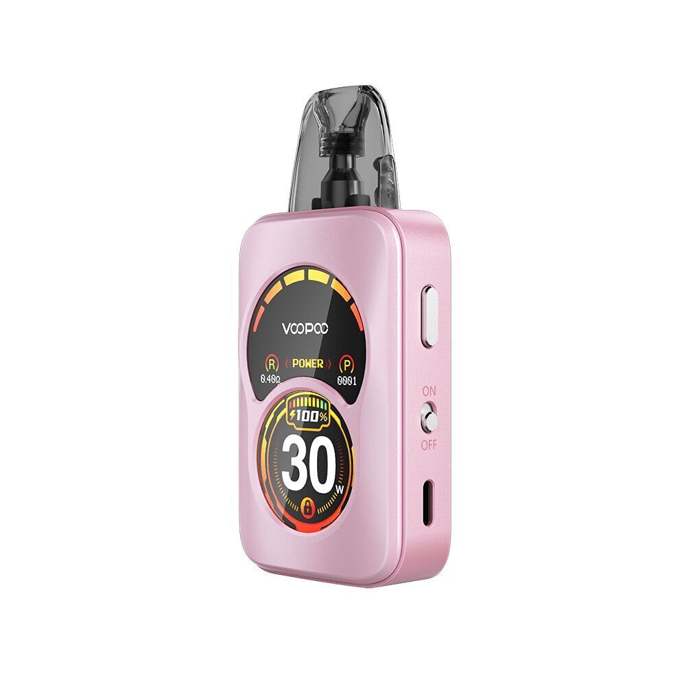 Voopoo Argus A Pod Kit Crystal Pink mit digitalem Display, zeigt Leistung und Einstellungen, seitlicher Ein-/Aus-Schalter sichtbar.