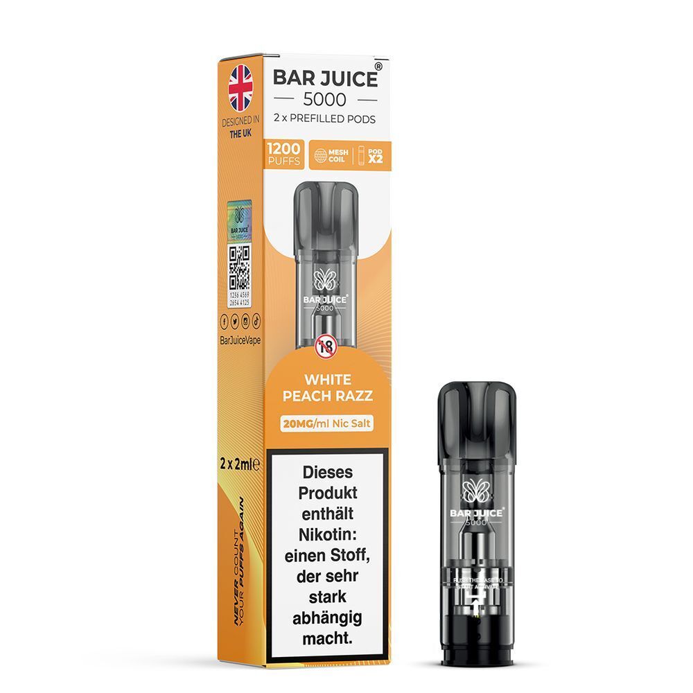 White Peach Razz 20mg - Bar Juice 5000 Pods Bar Juice 5000 Pods White Peach Razz 20mg Nic Salt, Verpackung und Pod sichtbar, beinhaltet Nikotin, Warnhinweis enthalten.