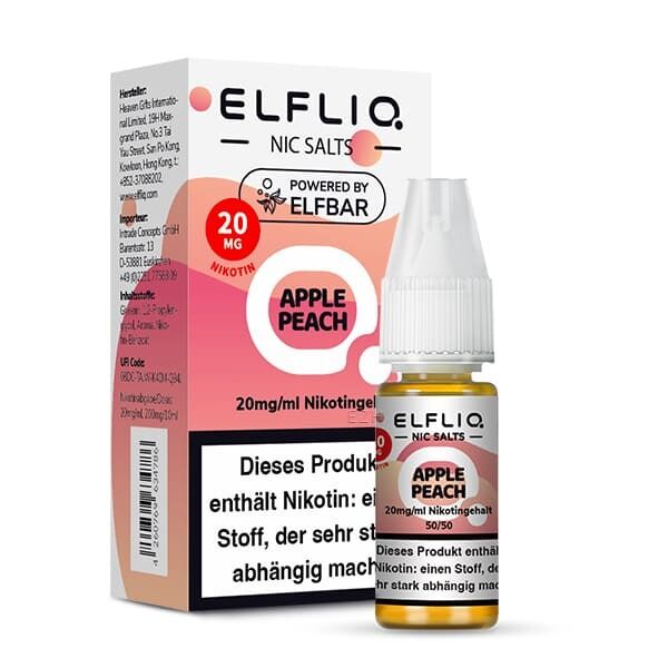 Elfliq Nikotinsalz - Apple Peach 20mg Elfliq Nikotinsalz Apple Peach 20mg Flasche vor Verpackung, beide mit Apple Peach Aufschrift, 20mg/ml Nikotingehalt, Warnhinweise sichtbar
