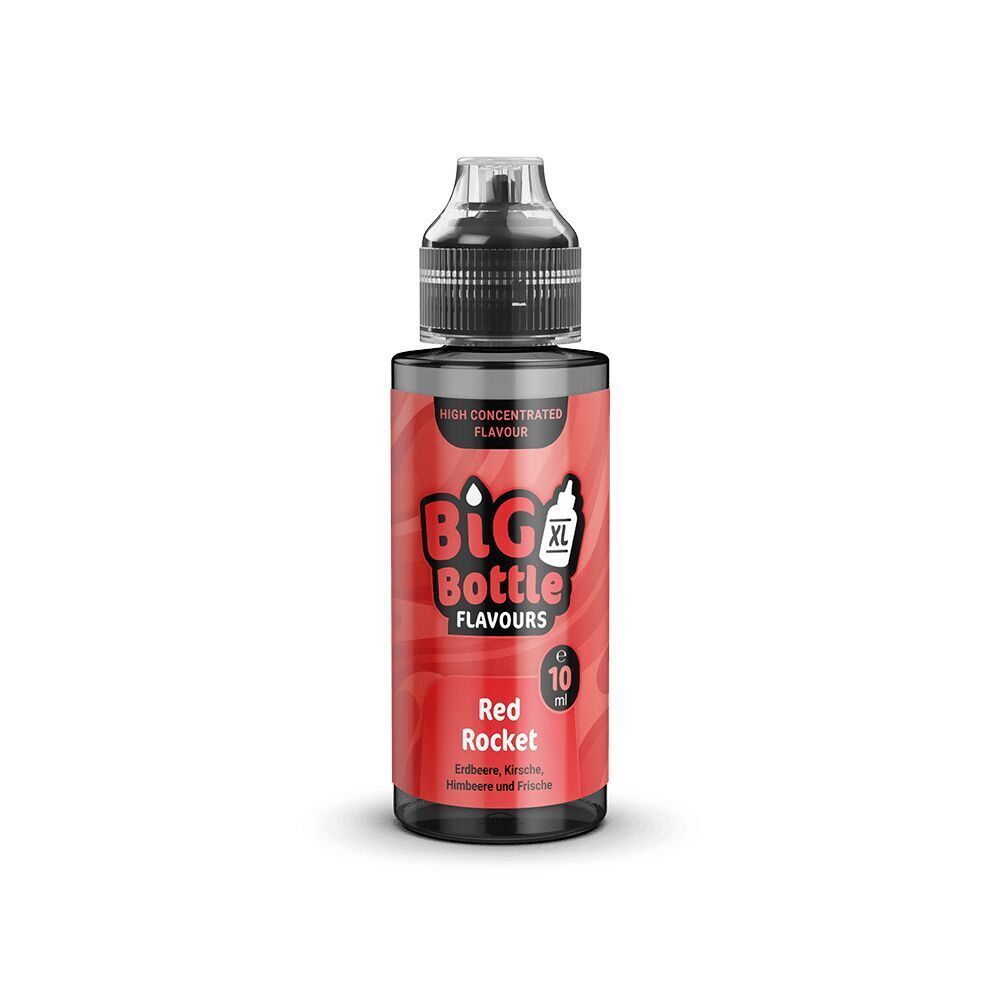 Big Bottle Flavours Aroma - Red Rocket Flasche mit Big Bottle Flavours Aroma Red Rocket, 10 ml, rotes Etikett mit Erdbeere, Kirsche, Himbeere und Frische.