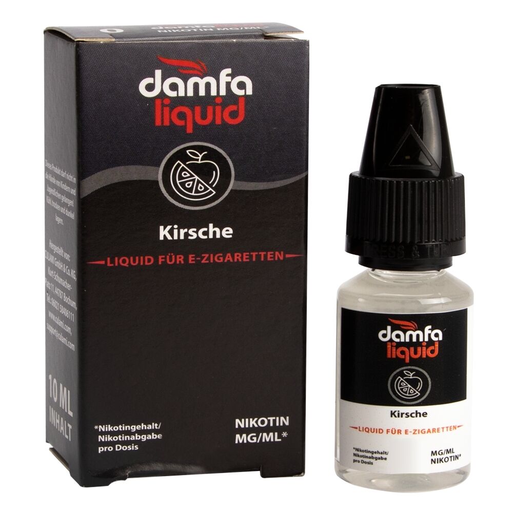Liquid Kirsche 3mg - Damfaliquid Flasche und Verpackung von Damfaliquid Liquid Kirsche, speziell für E-Zigaretten, mit rotem und schwarzem Design, 10 ml Inhalt.