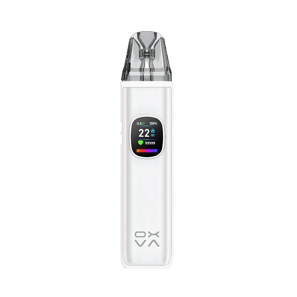 Oxva Xlim Pro 2 DNA Pod Kit - Silk White Vape-Gerät Oxva Xlim Pro in weiß mit transparentem Mundstück, zeigt einen Farbdisplay mit 22W-Anzeige, Batteriestatus und Symbolen