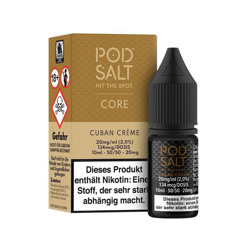 Liquid Bano Creme mit 20mg Nikotin von Pod Salt Core Pod Salt Core Cuban Crème Nikotinsalzflasche mit 20mg Stärke, Warnhinweise und Produktinformation auf Verpackung abgebildet.