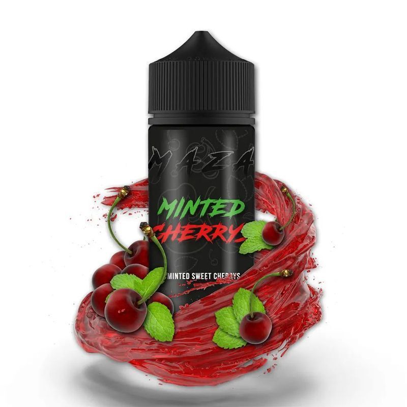 Aroma Cherry Minted von MaZa MaZa Aroma Flasche mit schwarzem Etikett, umgeben von roten Kirschen und grünen Minzblättern, Text "Minted Cherry" in Rot und Grün.